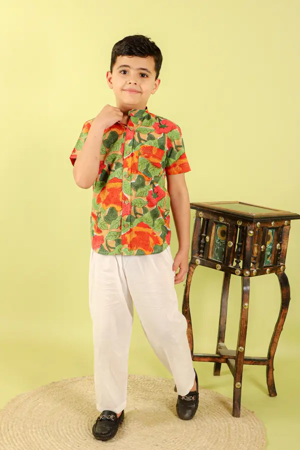 Floral Printed Green Cotton Shirt