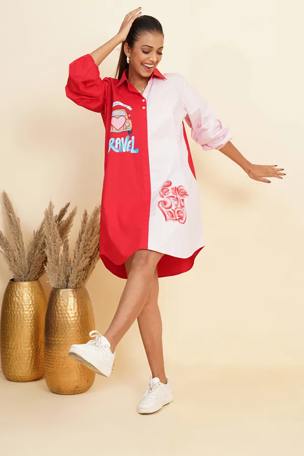 Printed Red and Pink Poplin Shirt Dress
