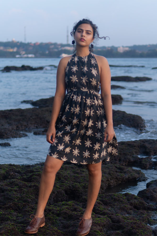 Printed Black Cotton Midi Dress