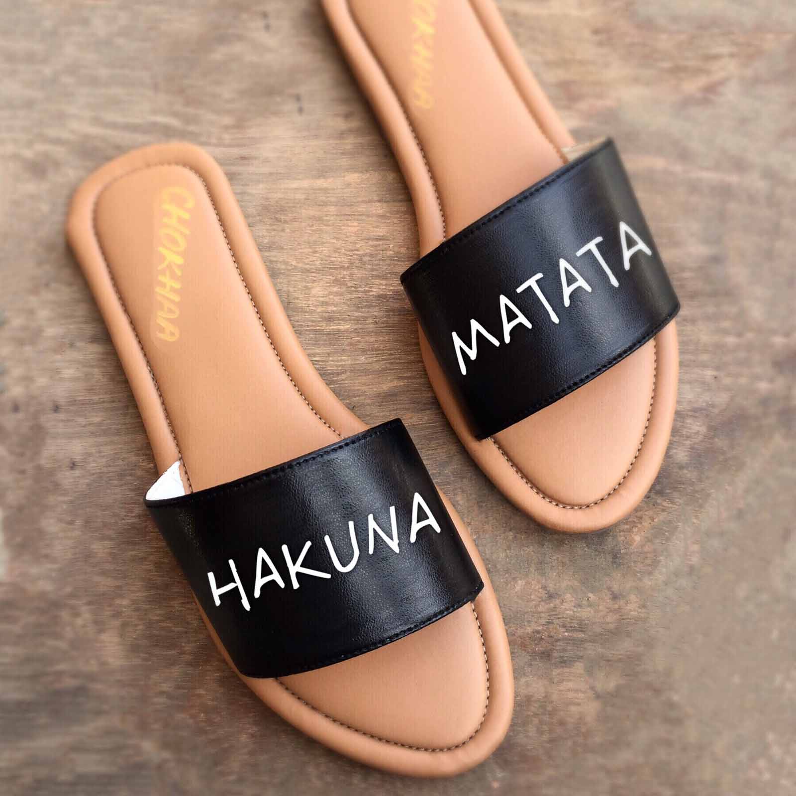 Hakuna Matata Painted Black Faux Leather Sliders