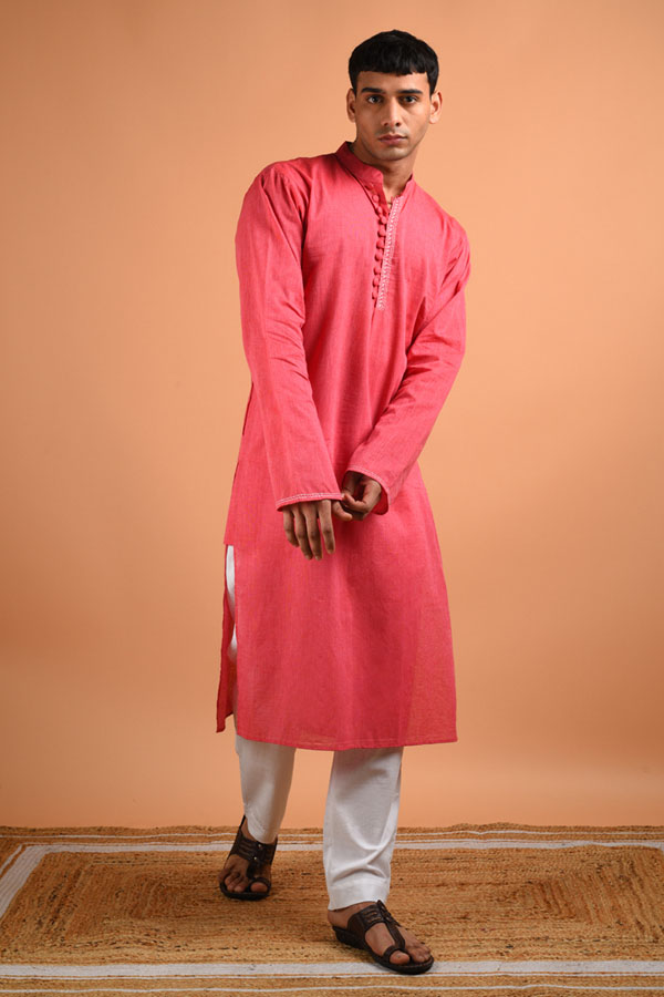 Hand Embroidery Pink Cotton Kurta