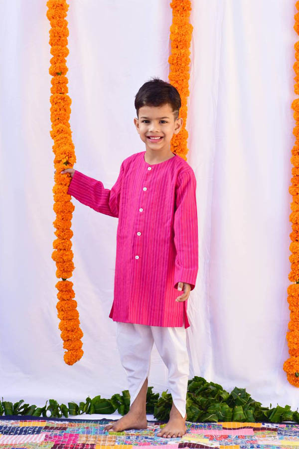 White and Pink Cotton Dhoti Set