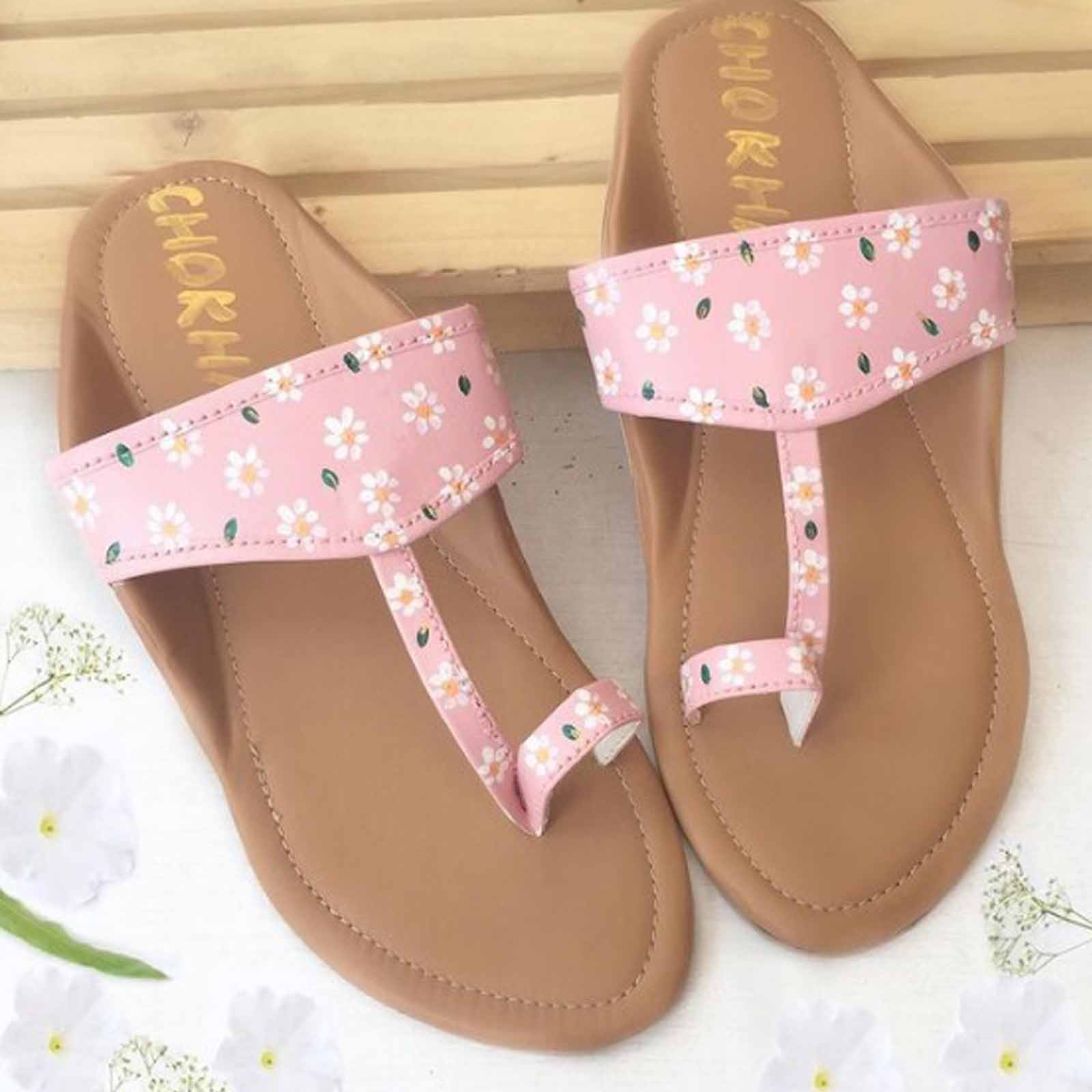 Daisy Painted Pink Faux Leather Kohlapuri