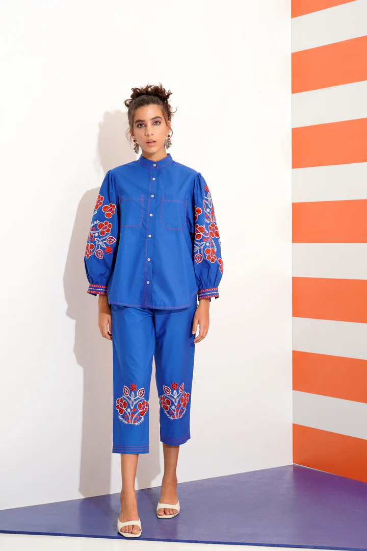 Embroidery Blue Cotton Coord Set