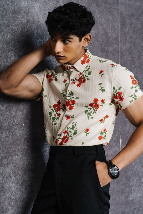 Floral Printed Cream Cotton Shirt 