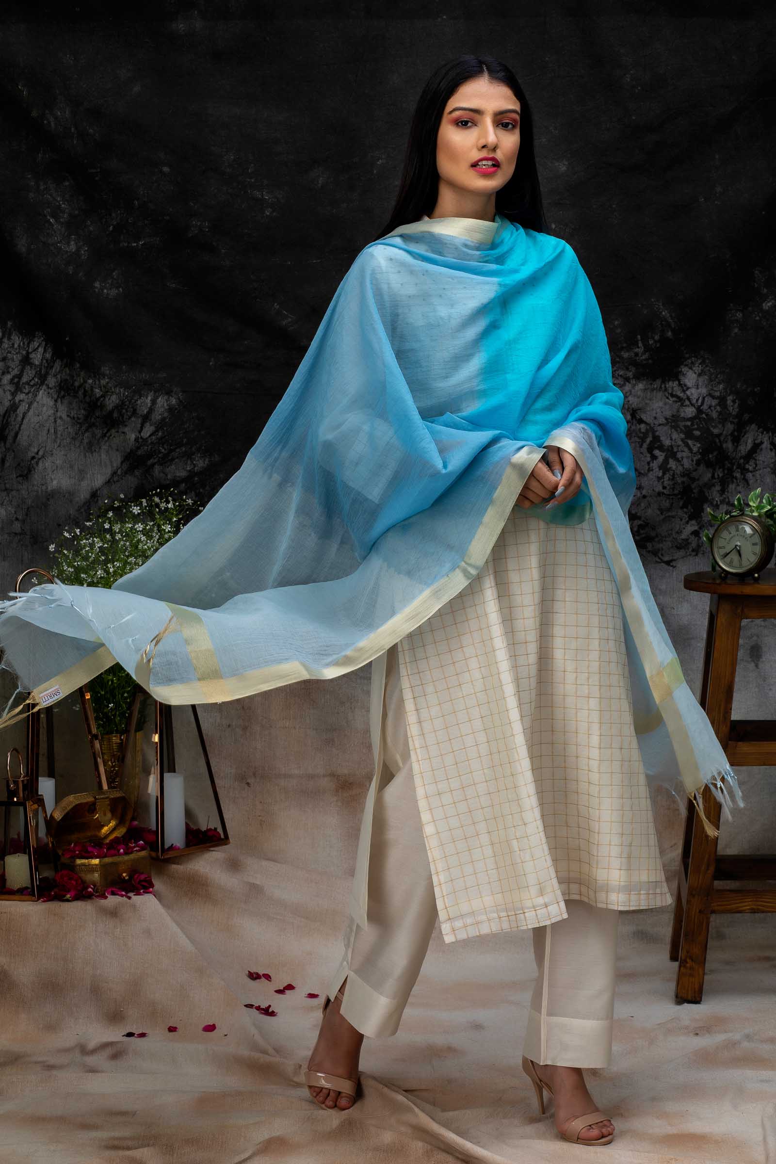 Dyed Blue Cotton Chanderi Dupatta