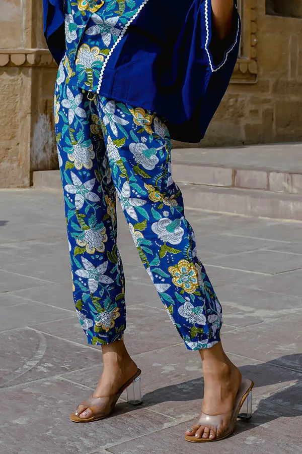Floral Printed Blue Cotton Pants