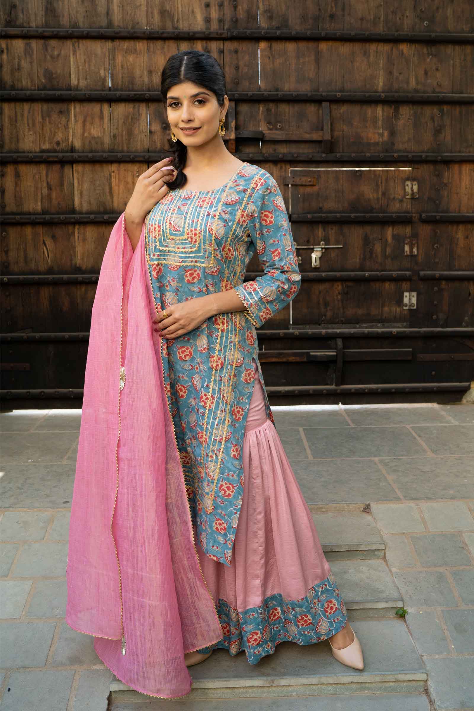 Gota Work Blue and Pink Cotton Sharara Set