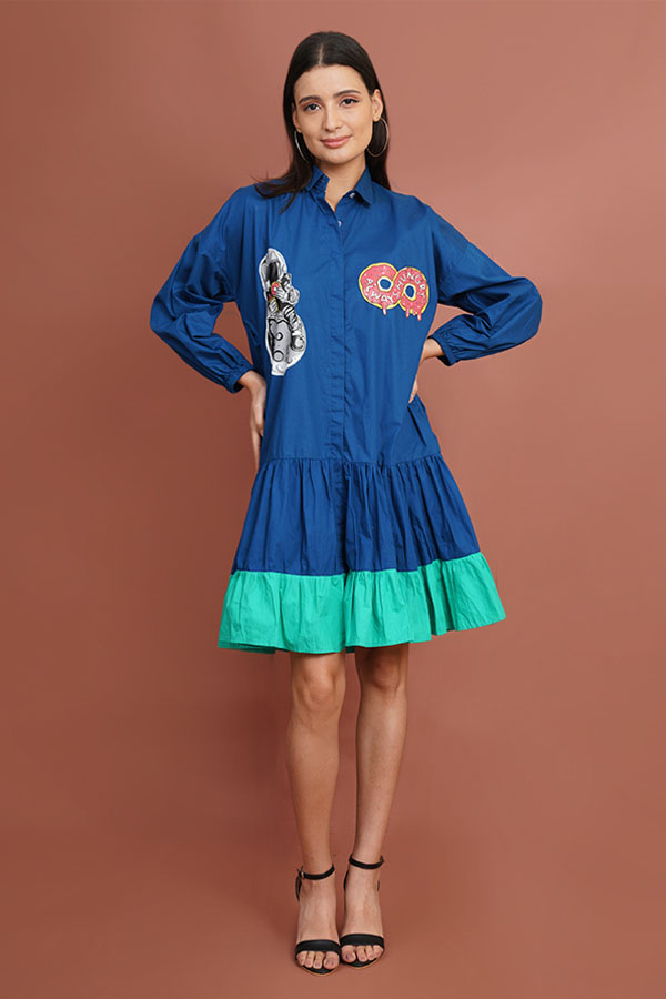 Hand Painted Blue and Green Poplin Dress