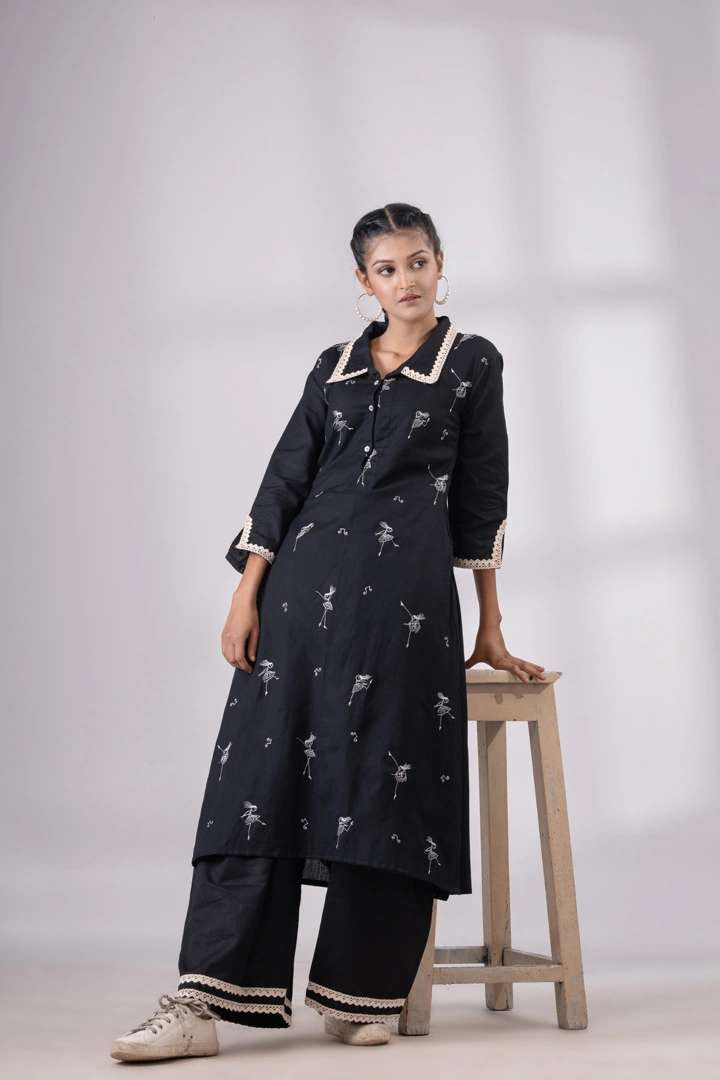 Embroidery Black Khadi Kurta Set