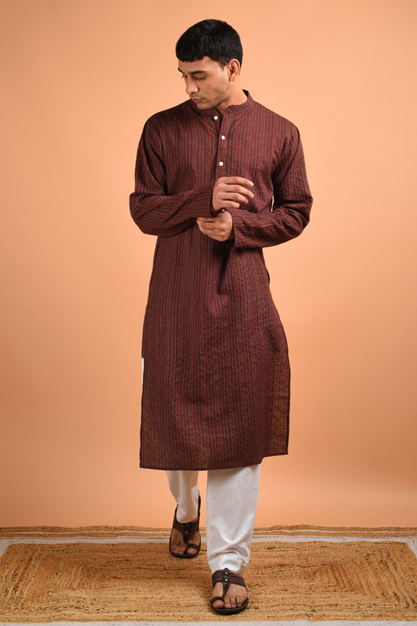 Kantha Weaved Brown Cotton Kurta