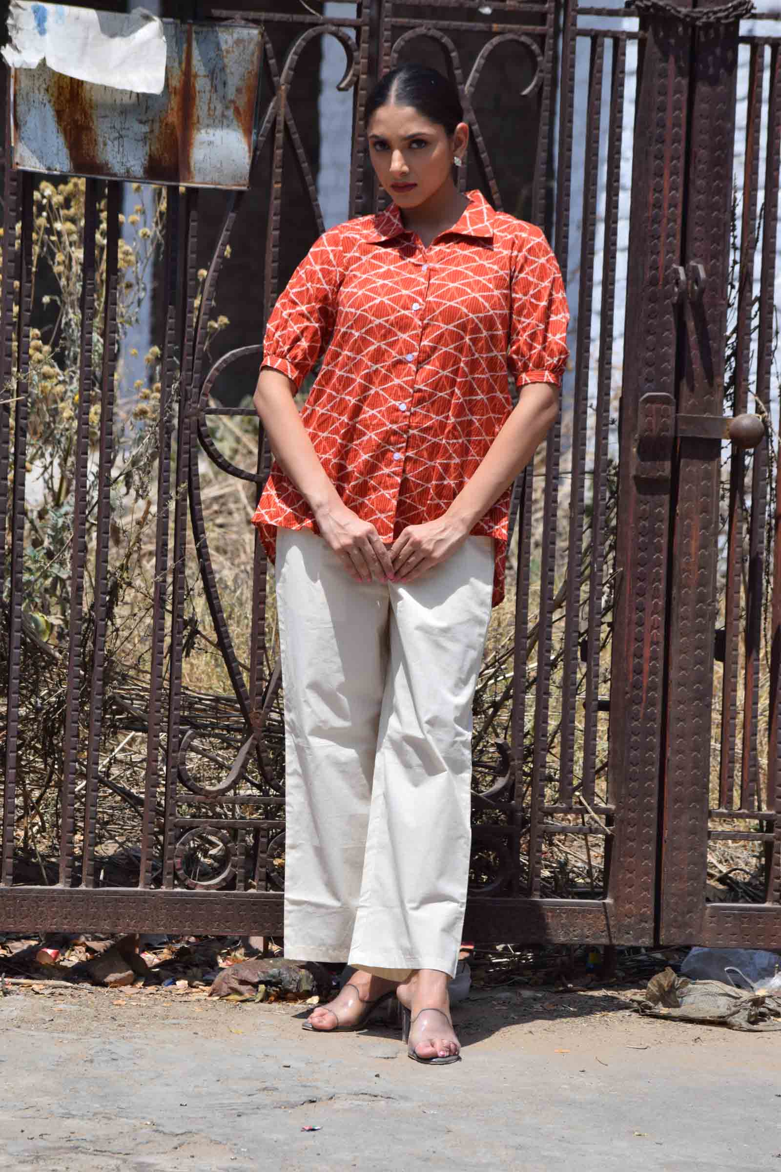Printed Red and Off White Cotton Coord Set