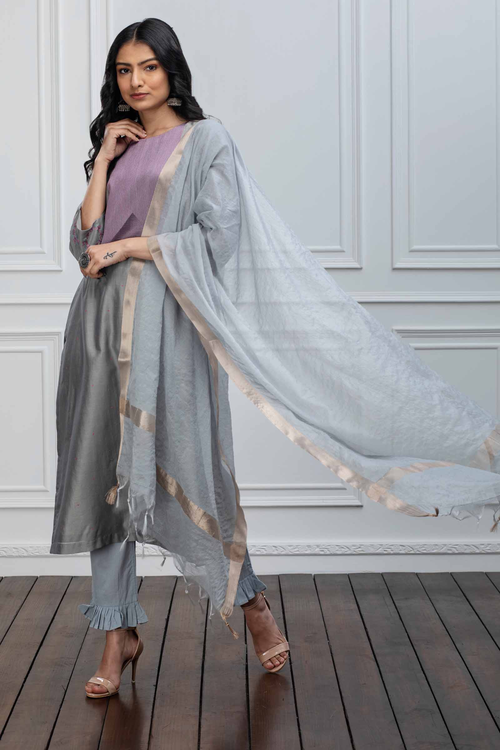Grey Cotton Chanderi Dupatta