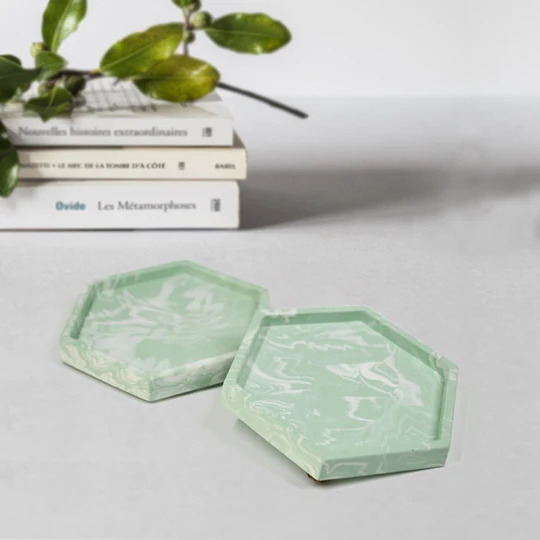 Light Green Hexagon Marbled Coaster Set of 2