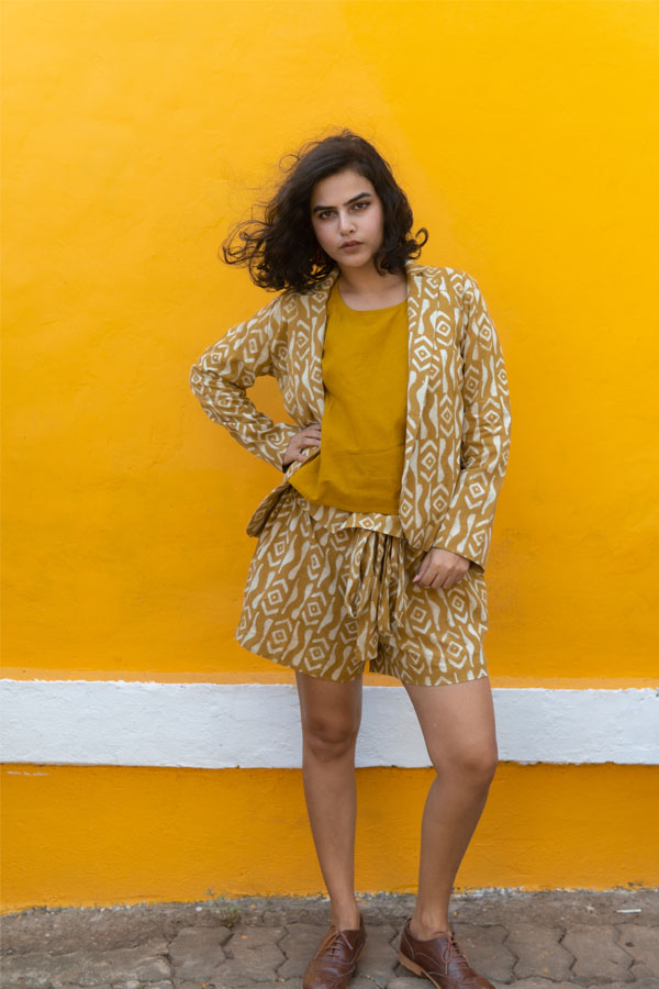 Printed Mustard Cotton Shorts