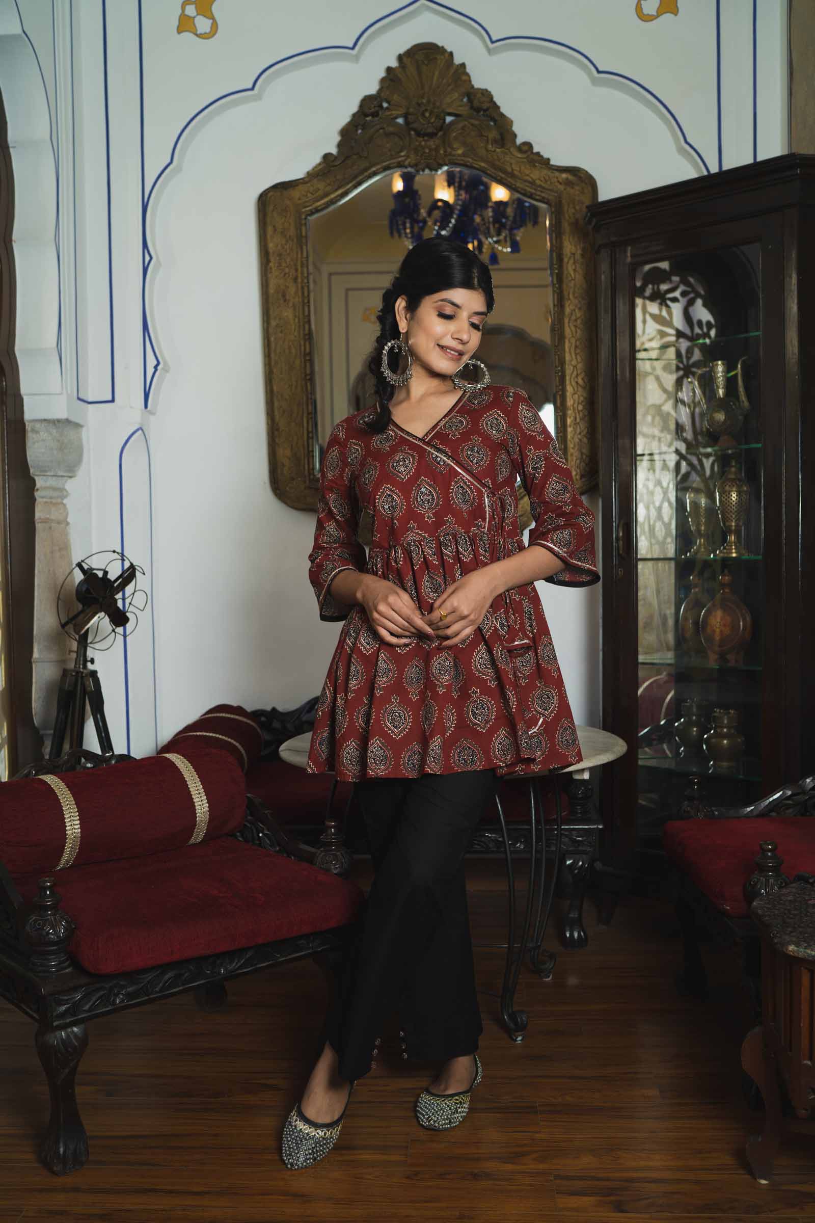 Block Printed Maroon Cotton Short Kurta Set
