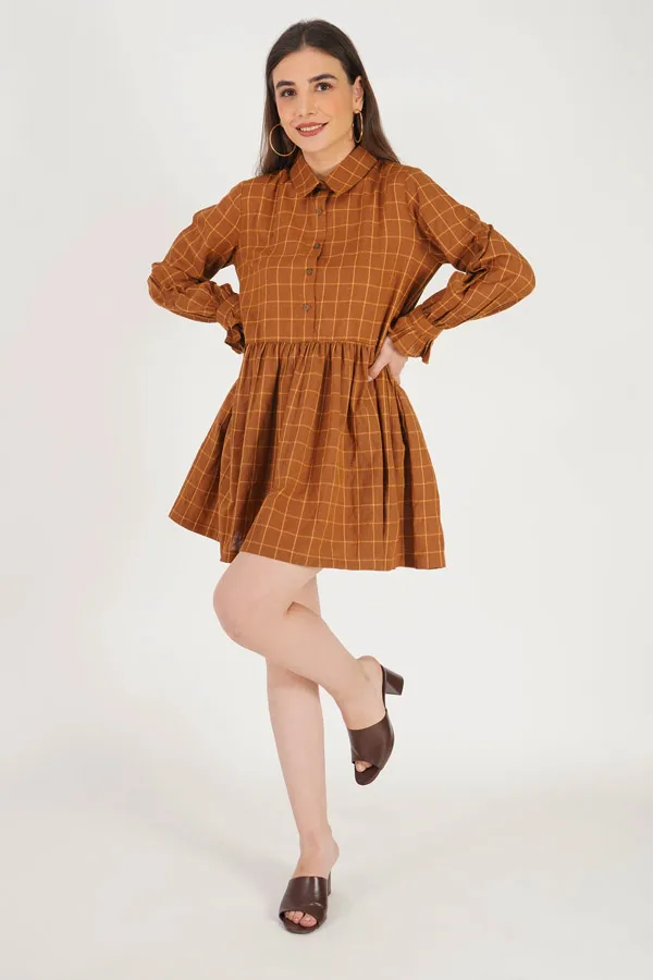 Brown Checkered Cotton Dress