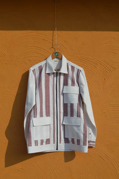 White and Maroon Handloom Cotton Shacket