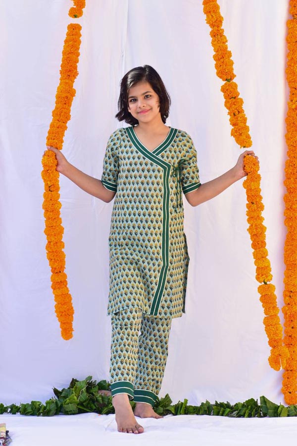 Block Printed Green Cotton Angrakha Set