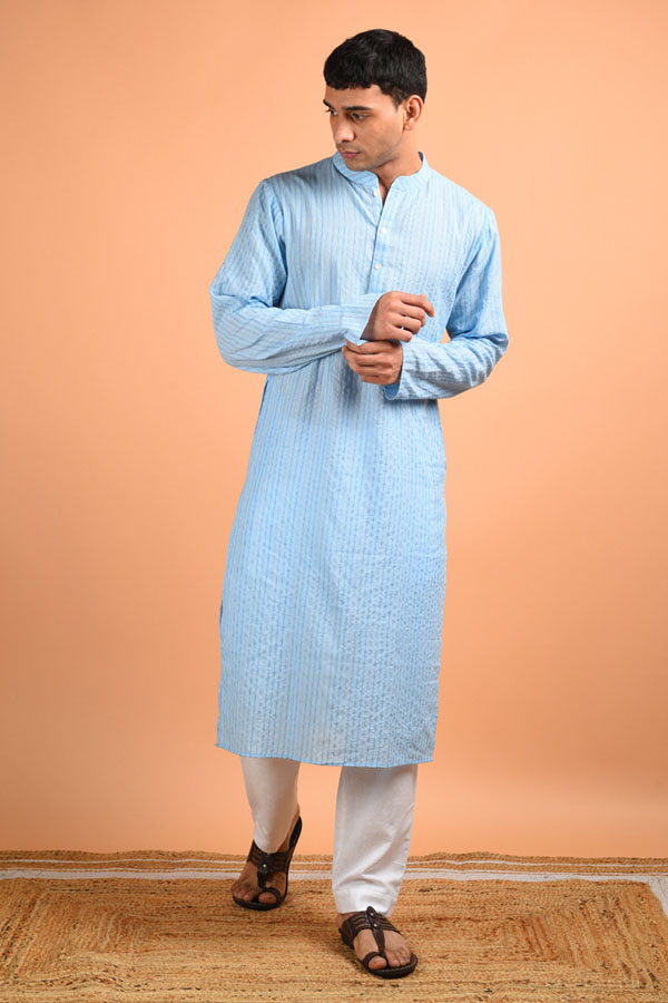 Kantha Weaved Sky Blue Cotton Kurta