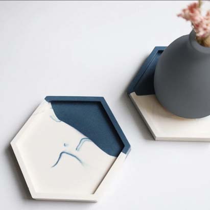 White and Dark Blue Hexagon Marbled Coaster Set of 2