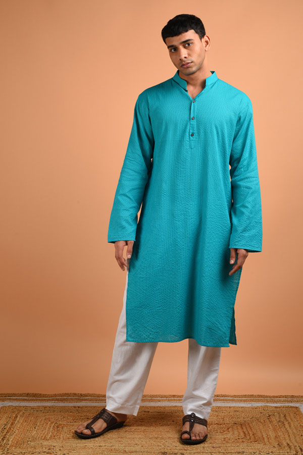 Kantha Weaved Turquoise Cotton Kurta