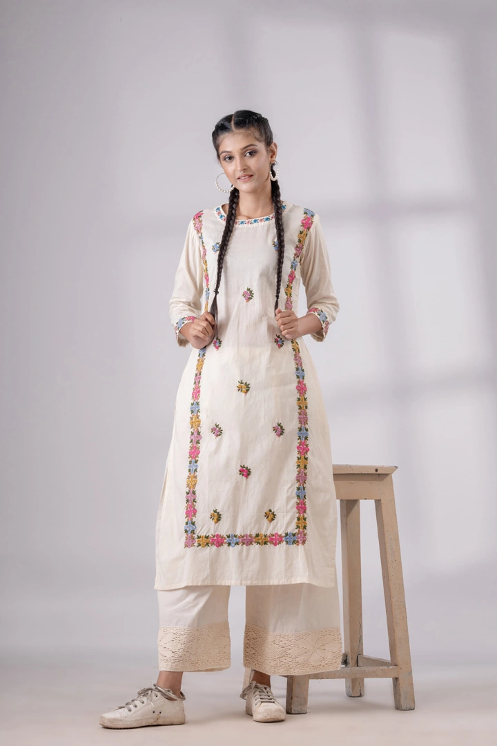 Parsi Embroidery Off- White Cotton Kurta Set 