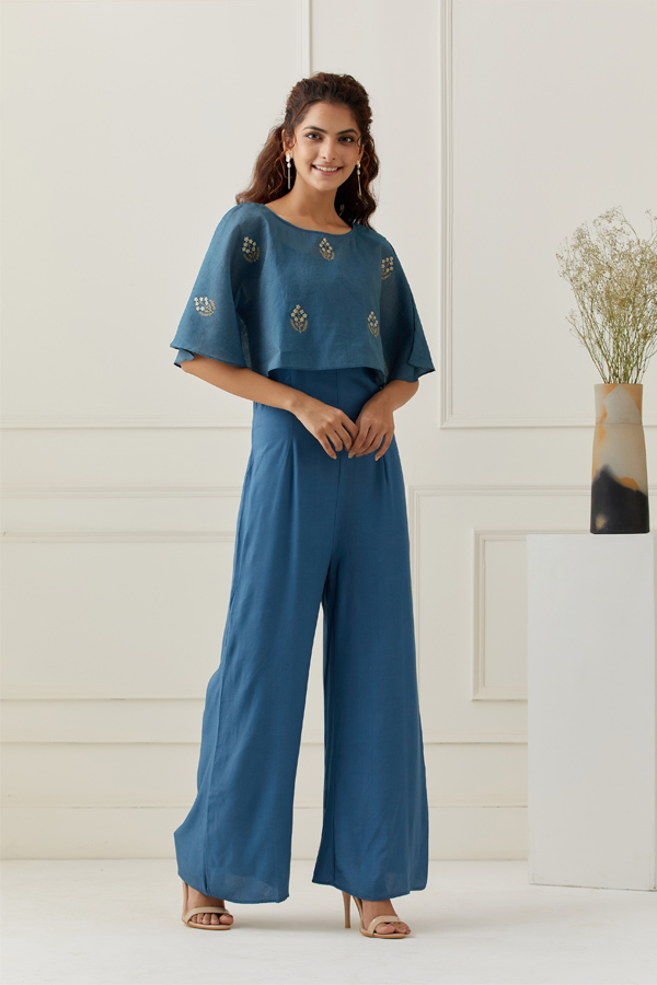 Hand Block Printed Blue Viscose Jumpsuit