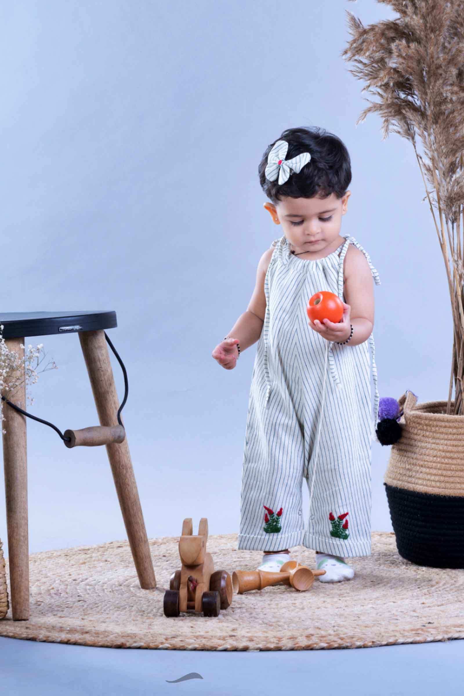 Embroidery Blue Stripes Cotton Baby Romper