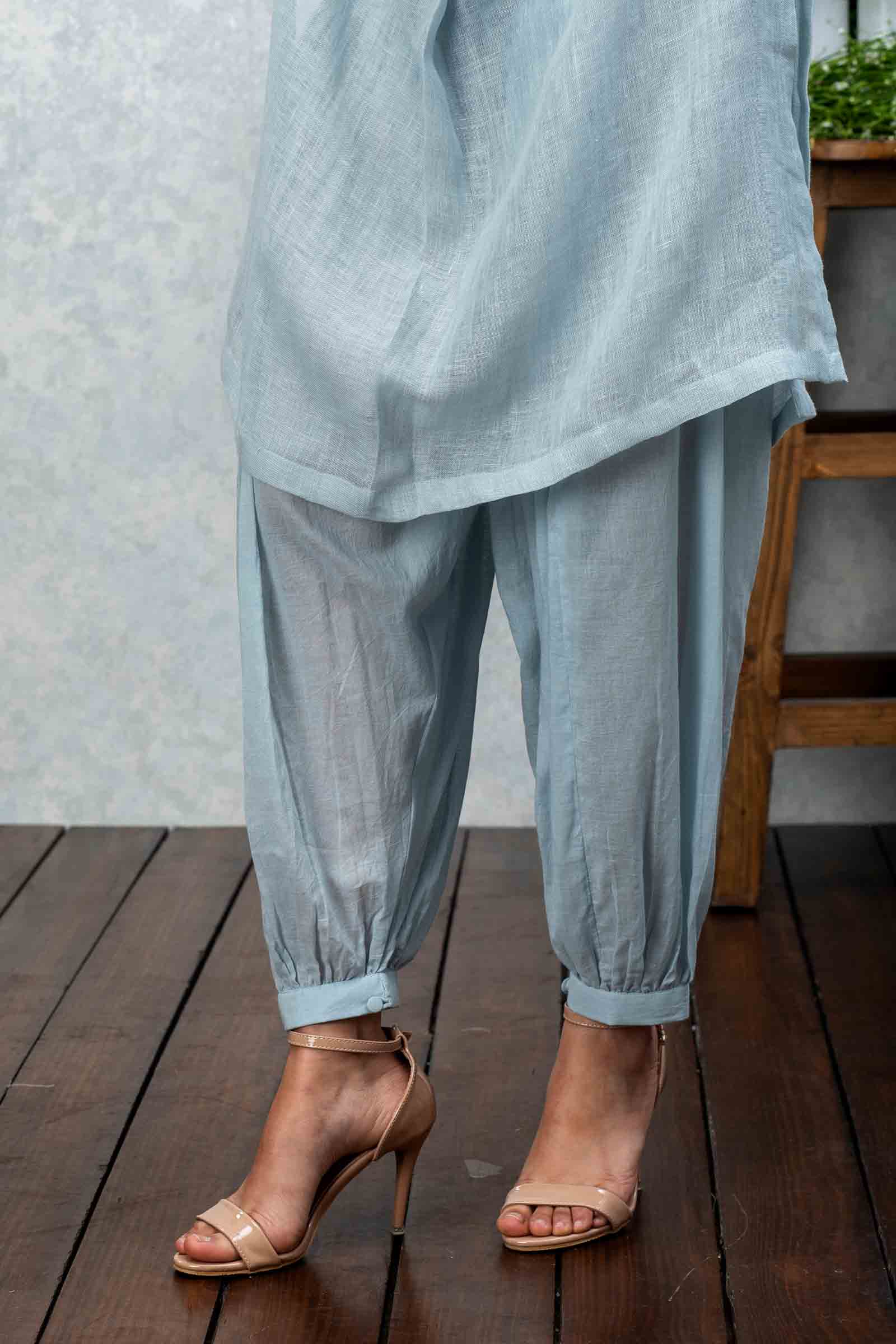 Light Blue Cotton Tie Up Pant