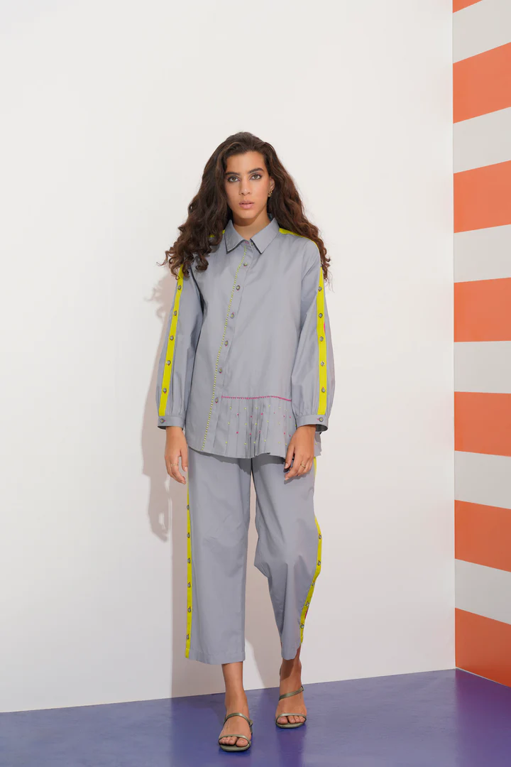 Embroidery Grey Cotton Coord Set