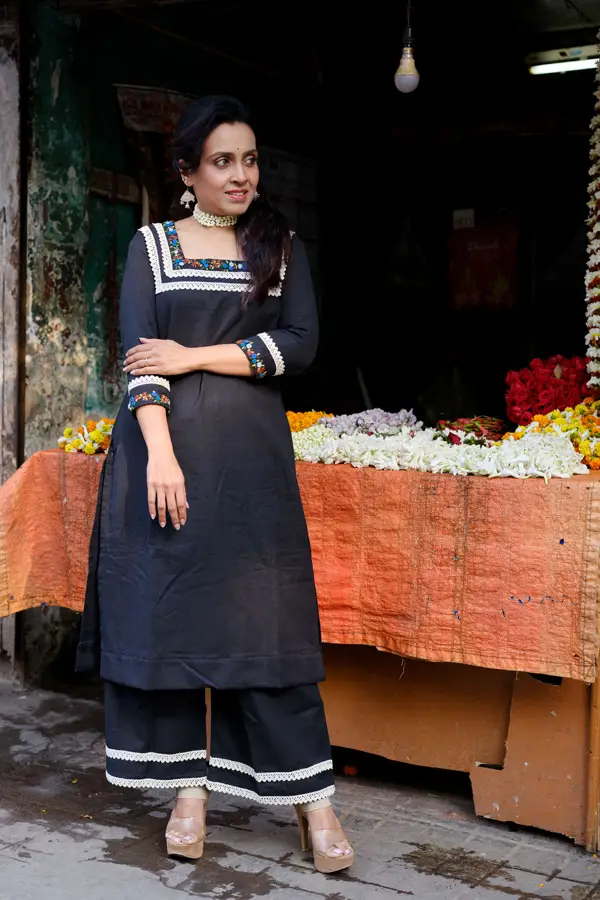 Embroidery Black Khadi Kurta Set