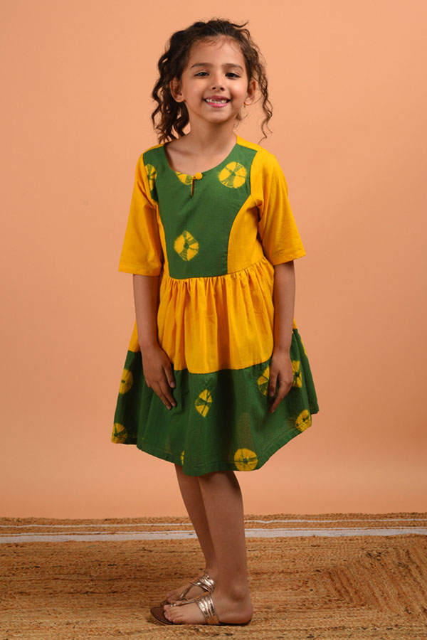 Bandhani Printed Green and Yellow Cotton Dress