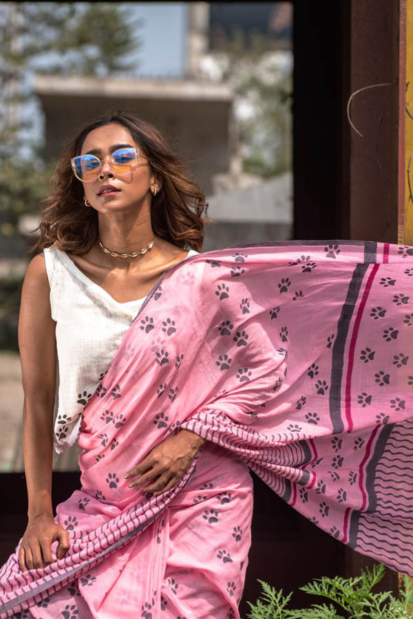 Printed Pink Organic Cotton Saree