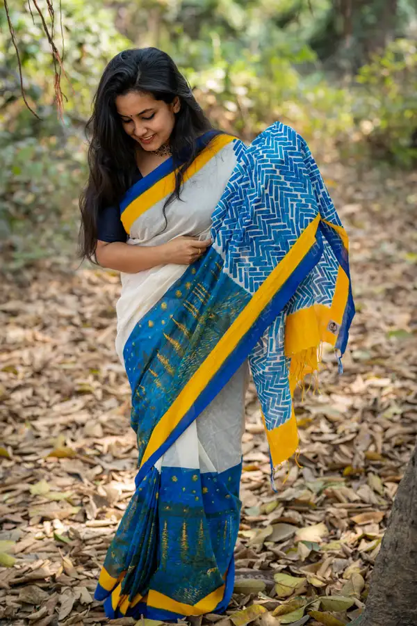 Block Printed Off-White Cotton Saree
