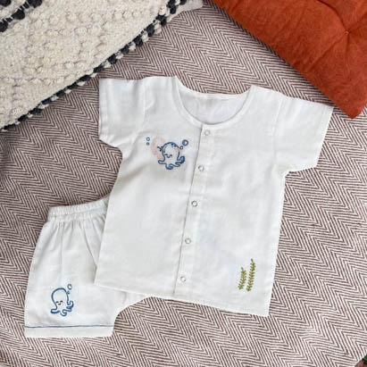 Octopus Embroidery White Cotton Jhabla Set