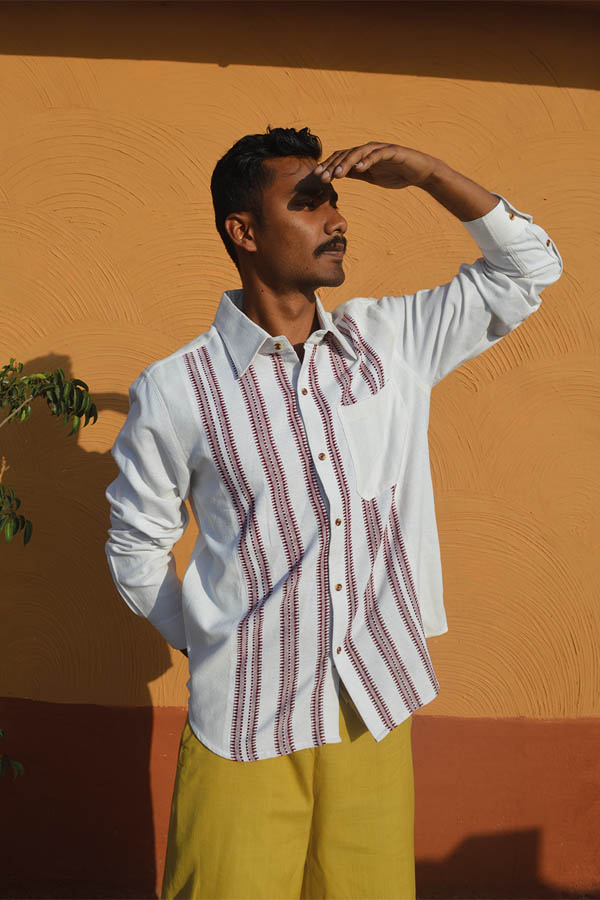 White and Maroon Handloom Cotton Shirt