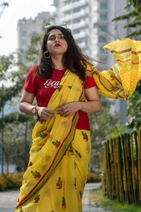 Printed Yellow Organic Cotton Saree