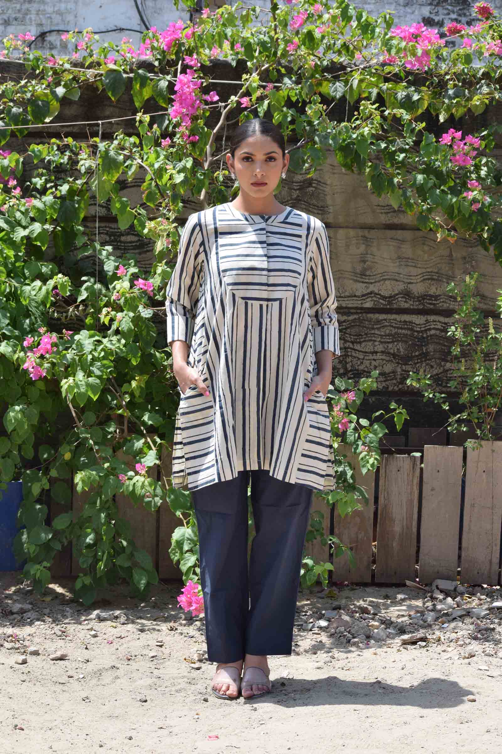 Off White and Blue Stripes Cotton Kurta Set