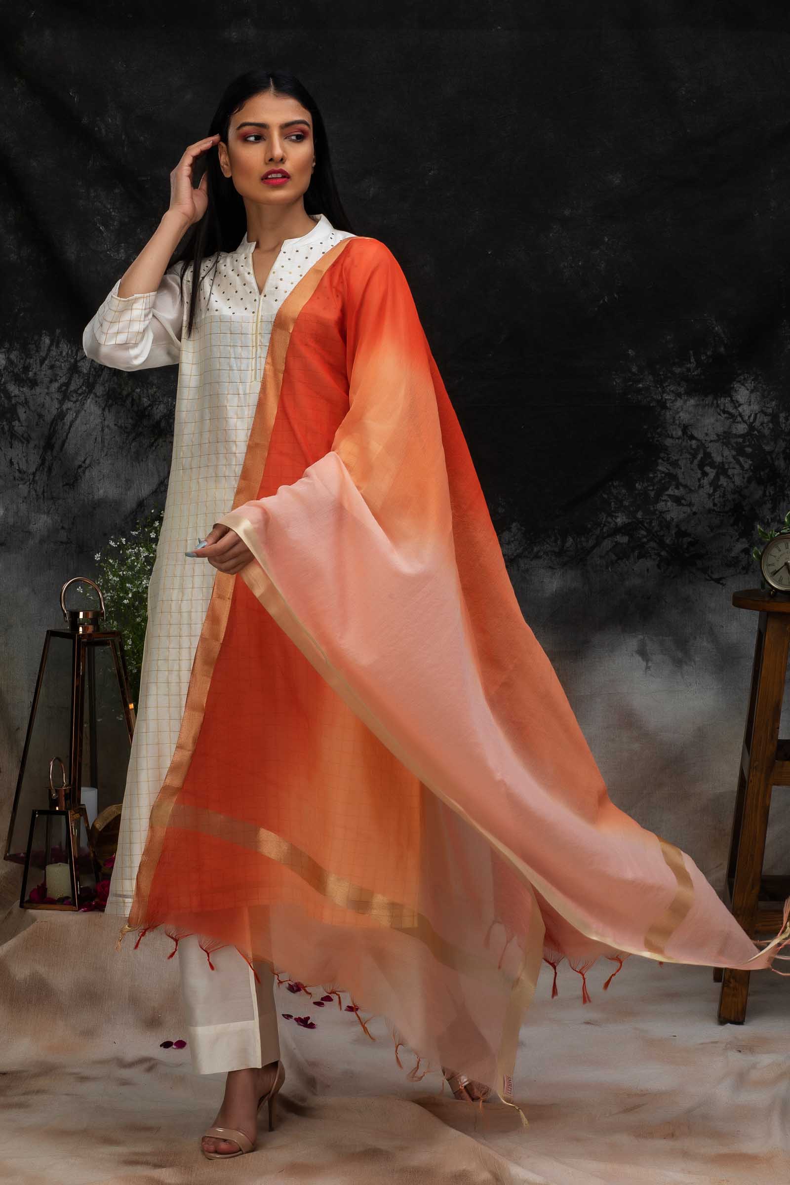 Dyed Orange Cotton Chanderi Dupatta