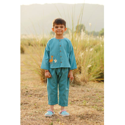 Embroidery Blue Cotton Coord Set