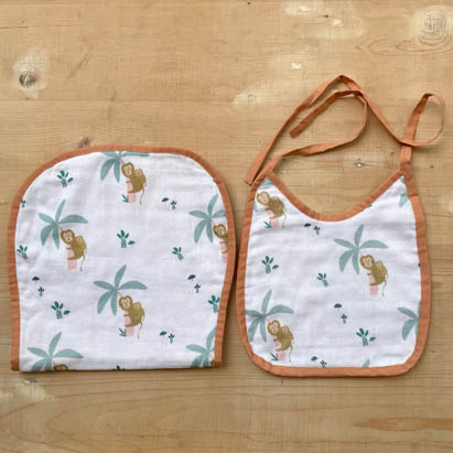 Monkey Printed White Muslin Bib and Burp Cloth Set