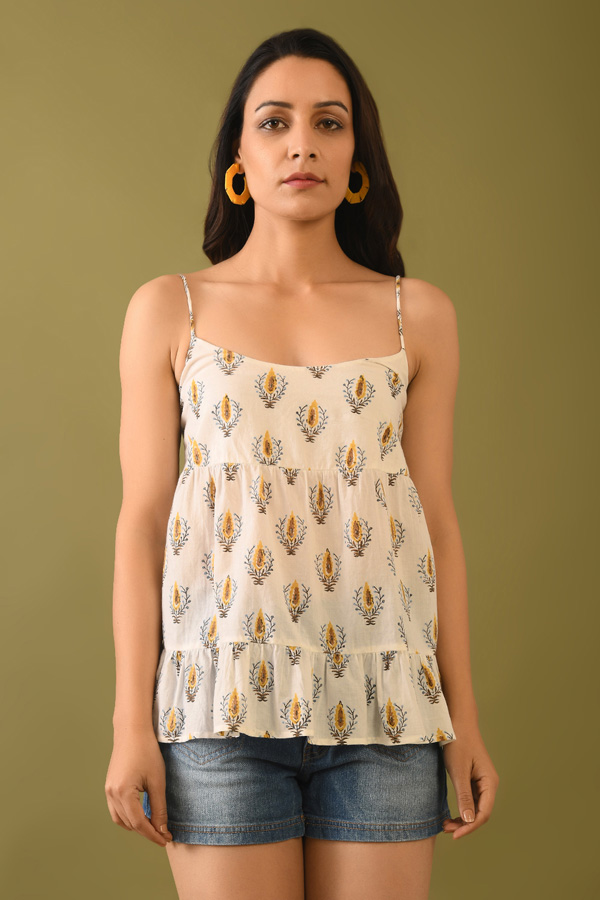 Hand Block Printed Off White Cotton Top