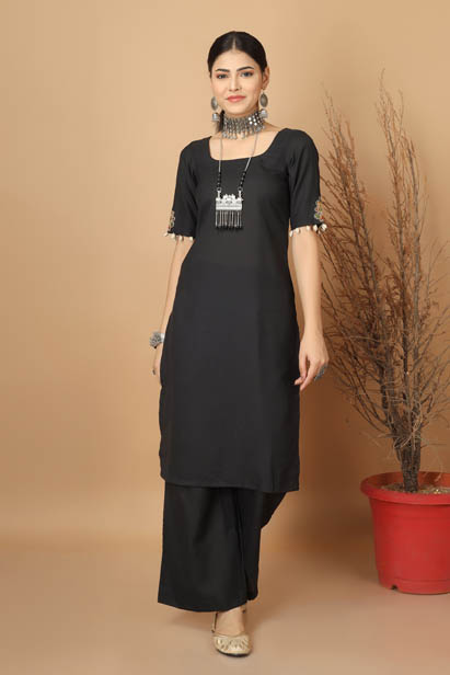 Embroidery Black Matka Cotton Kurta