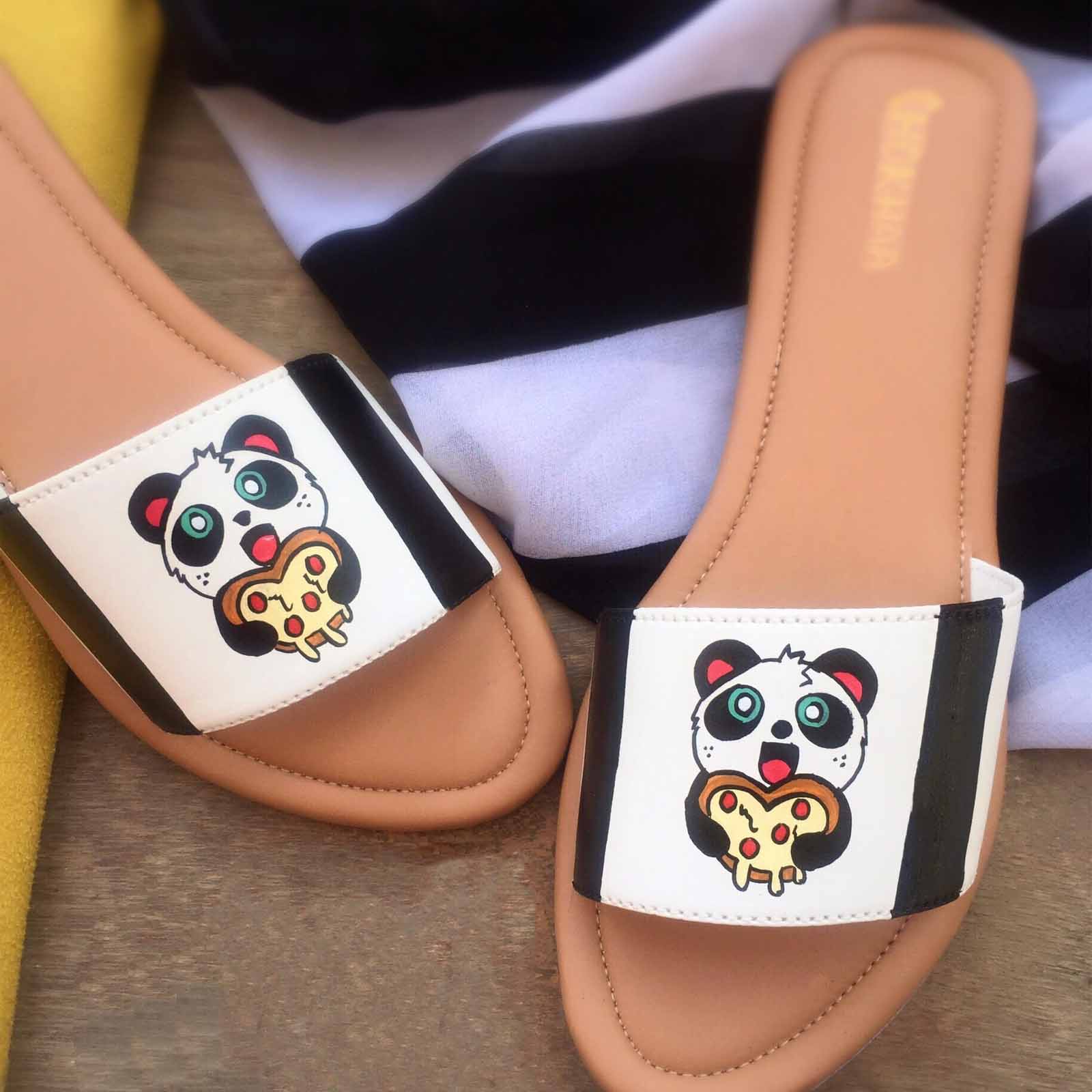 Pizza Panda Painted Black and White Faux Leather Sliders