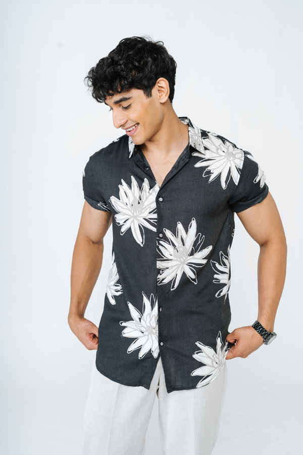 Floral Printed Black and White Rayon Shirt 