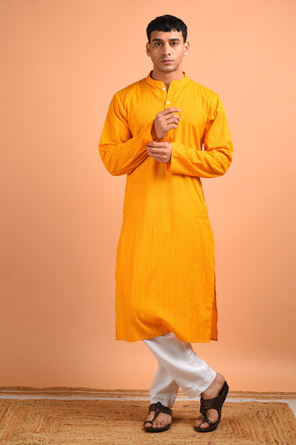 Kantha Weaved Yellow Cotton Kurta