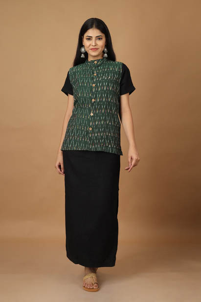 Ikat Printed Green Cotton Nehru Jacket