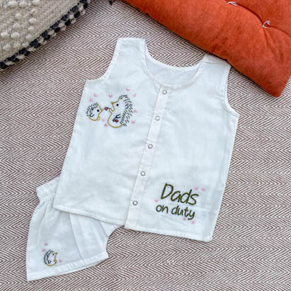 Hedgehog Embroidery White Cotton Jhabla Set