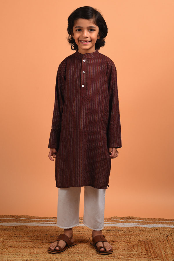 Kantha Weaved Brown and White Cotton Kurta Set